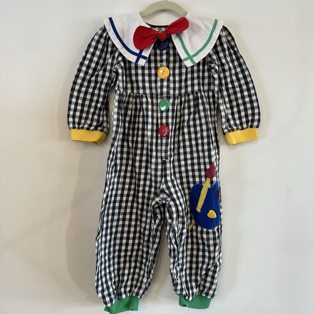 VTG 90s Toddler 4/5 Black White Checkered Romper Primary Colorblock Paint‎